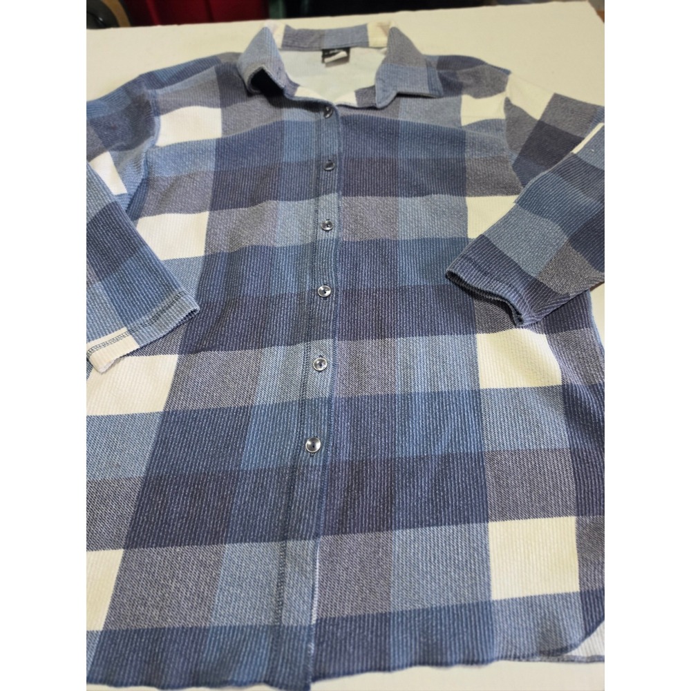 Stefano Basics Blue Buffalo Plaid Ribbed Knit Button Front Shirt Long Sleeve